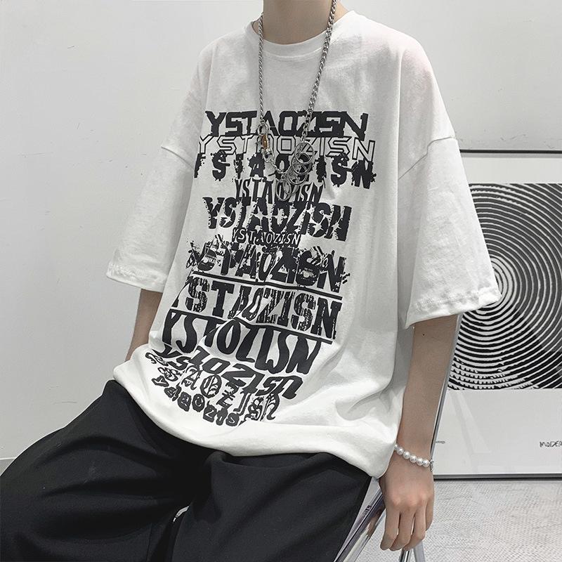 Herr Trendig Mörk Stil Kortärmad Hip-Hop Tryck T-Shirt - Lös Passform, Rund Hals, Sommar Hong Kong BF Stil
