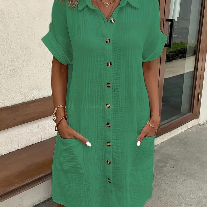 Women's Summer Cotton Shirt Dress Short Sleeves Button Down Knee Length Dresses Casual Loose Mini Dress with Pockets