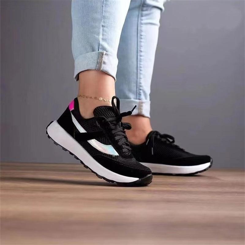 Damen Übergröße Freizeitschuhe Sommer Neu Runde Zehenpartie Schnürschuhe Farbblock Mesh Sneaker Outdoor Rutschfest Damenschuhe
