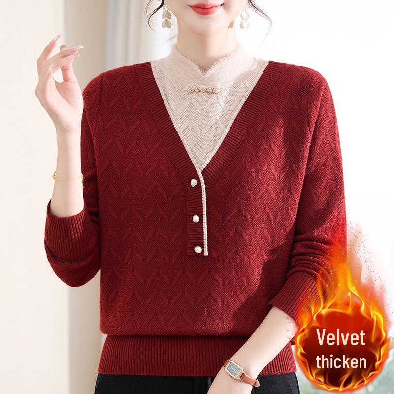 2025 Autumn/Winter New Arrival: Loose Long Sleeve Knit Sweater for Middle-Aged and Elderly Women - Simple, Comfortable Fake Two-Piece Style
