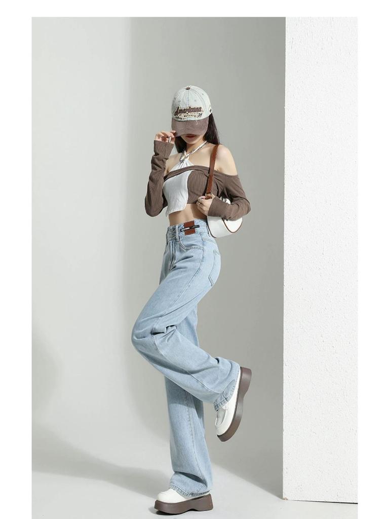 Women's High-Waisted Light Wide-Leg Jeans - New for Autumn 2023, Loose Fit, Floor-Length Draping Style