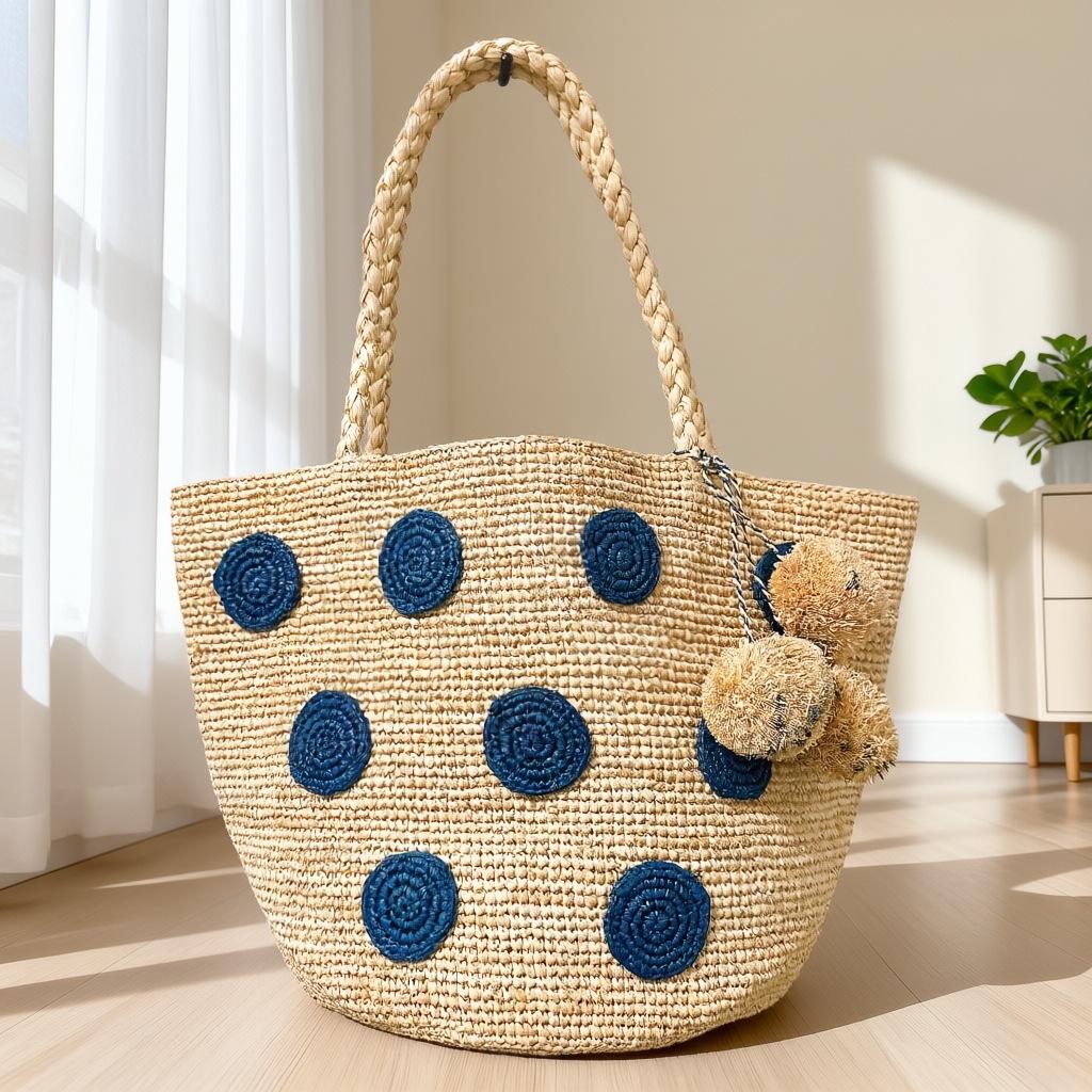 High Quality Raffia Hand Hook Holiday Style Handbag Women's Seaside Tote Bag Large Capacity Polka Dot Woven Shoulder Bag