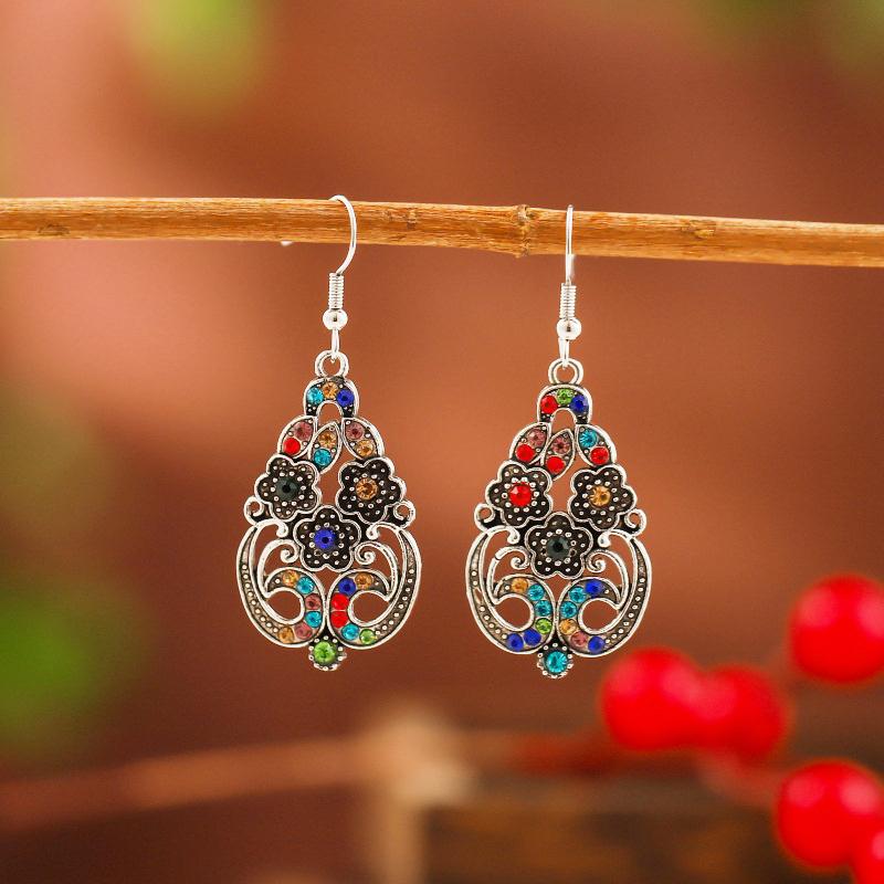 

Vintage Bohemian Ethnic Blue Flower Earrings Female Drop Earrings Silver Color Hollow Geometric Party Wedding Jewelry Gift