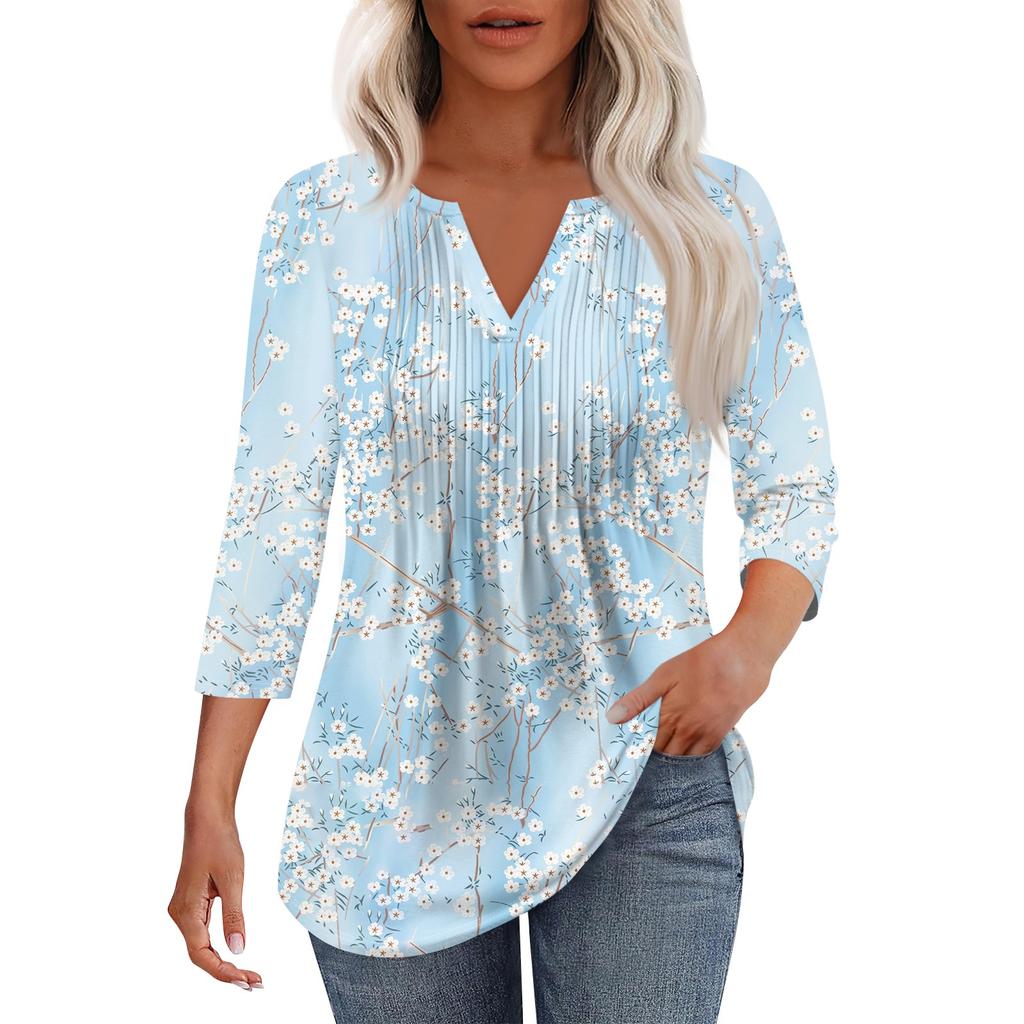 Γυναικείο μοντέρνο casual t-shirt με πλισέ λαιμόκοψη σε χρώμα V και μανίκια επτά τετάρτων