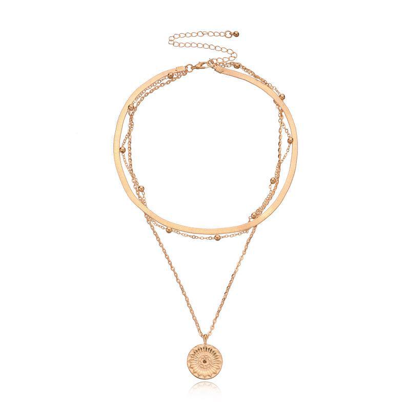 Trendy Multi-Layer Necklace: Personalized Round Pendant & Fashionable Blade Chain Choker