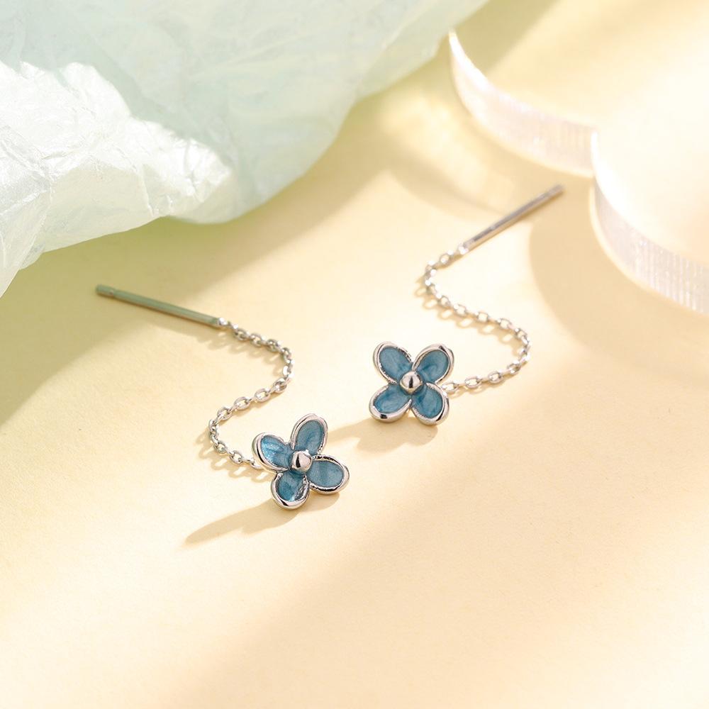 Fashion Blue Four-leaf Flower Ear Line Gentle Temperament New Small Fresh Blue Lucky Flower Tassel Earrings Jewelry