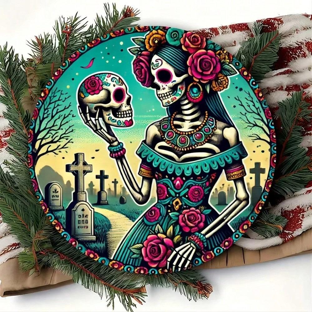 Sugar Skull Metal Wall Decor Round Sign Easy Hang Art Home Kitchen Garden Bedroom