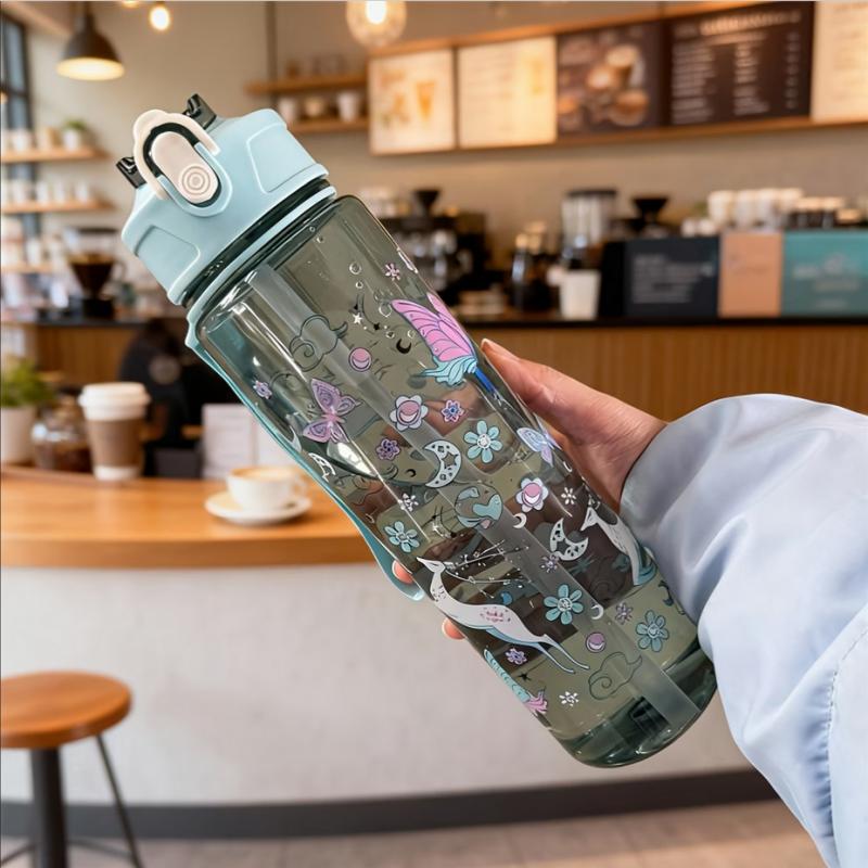750ml Cute Cartoon Pattern Water Bottle, Large Capacity Portable Leak-Proof Tumbler with Carry Strap and Straw for Sporting