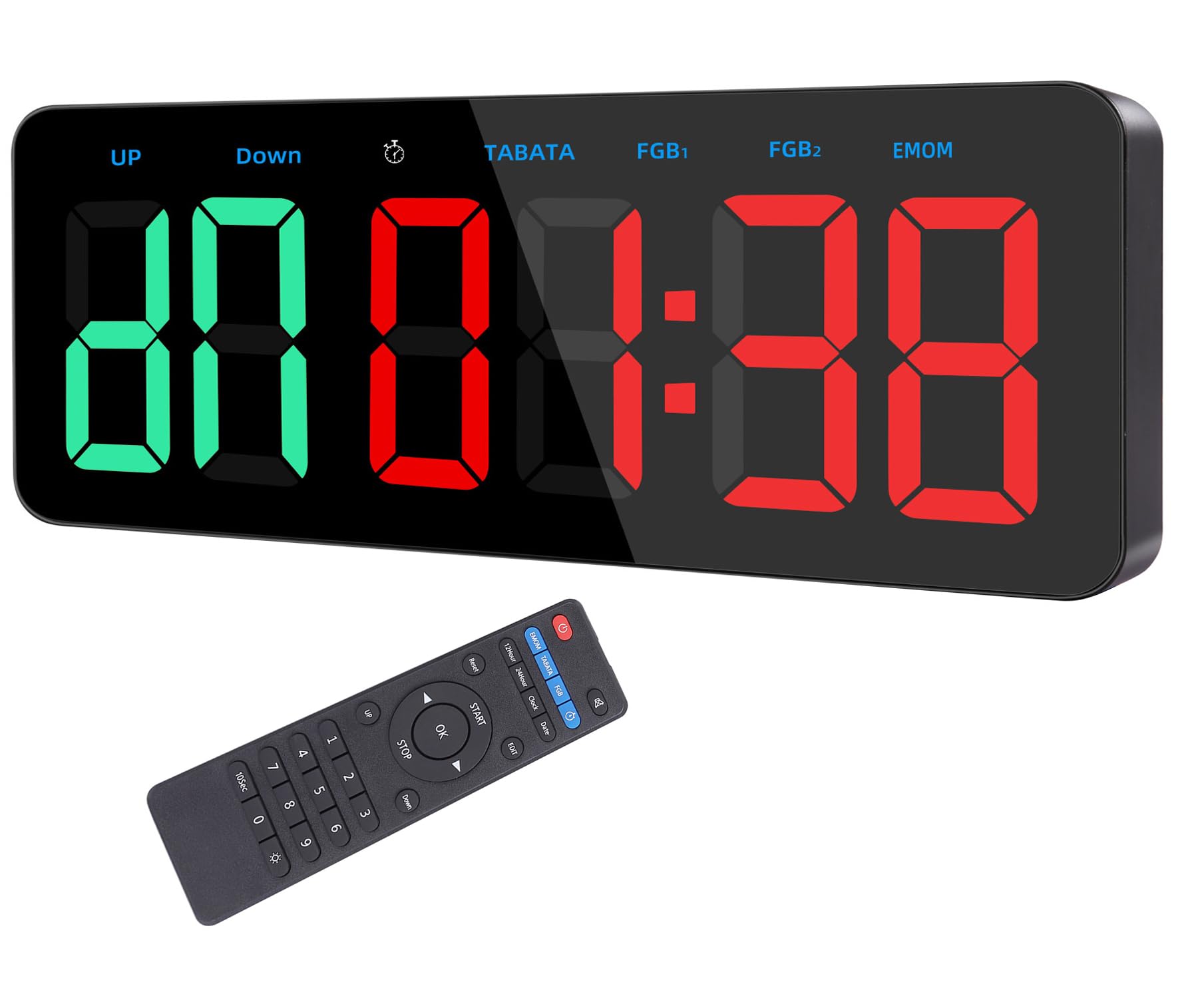 Sports Timer, Large Screen Interval Timer with Remote Control, Large Display, Clock Function/Beat Function/Stopwatch, USB Powered, Wall Mountable, Bui