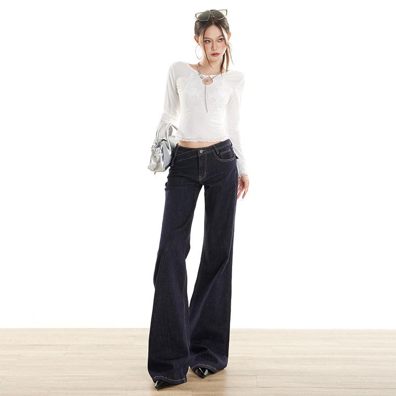 Retro Anti-Fade Denim Blue Low-Rise Micro-Flare Jeans with Irregular Design