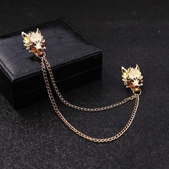Unisex Double Wolf Head střapec Řetízek Brož Pin Suit Košilový límec Badge dárek