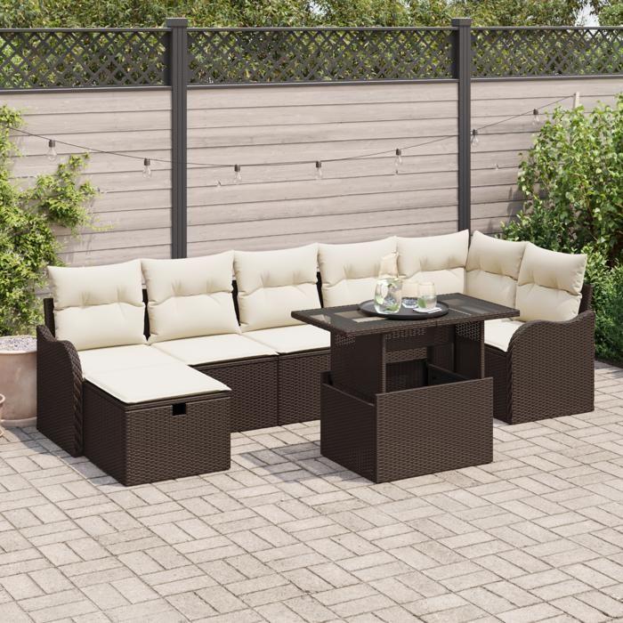 Ensemble de Canapés de Jardin 8 Pièces avec Coussins Marron Poly Rattan, Canapé de Jardin 2 Places avec Coussins Marron Poly 3359725