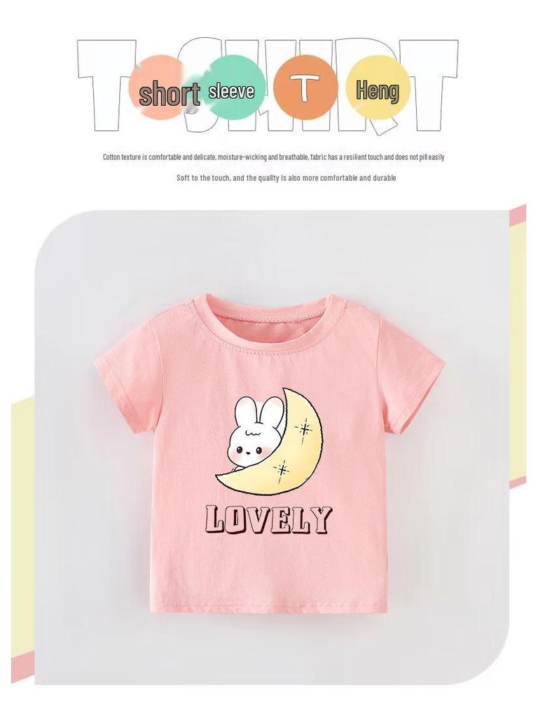 European Style Girl's Summer Cartoon Print T-shirt - Round Neck, Short Sleeve for Kids