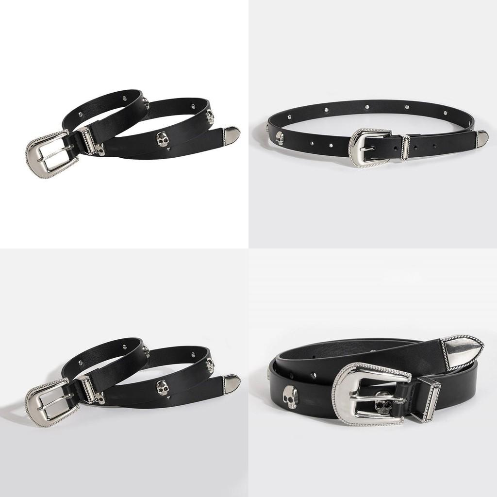 Y2k Womens Punk Leather Belt With Skull Decor And Metal Buckle For Casual Wear