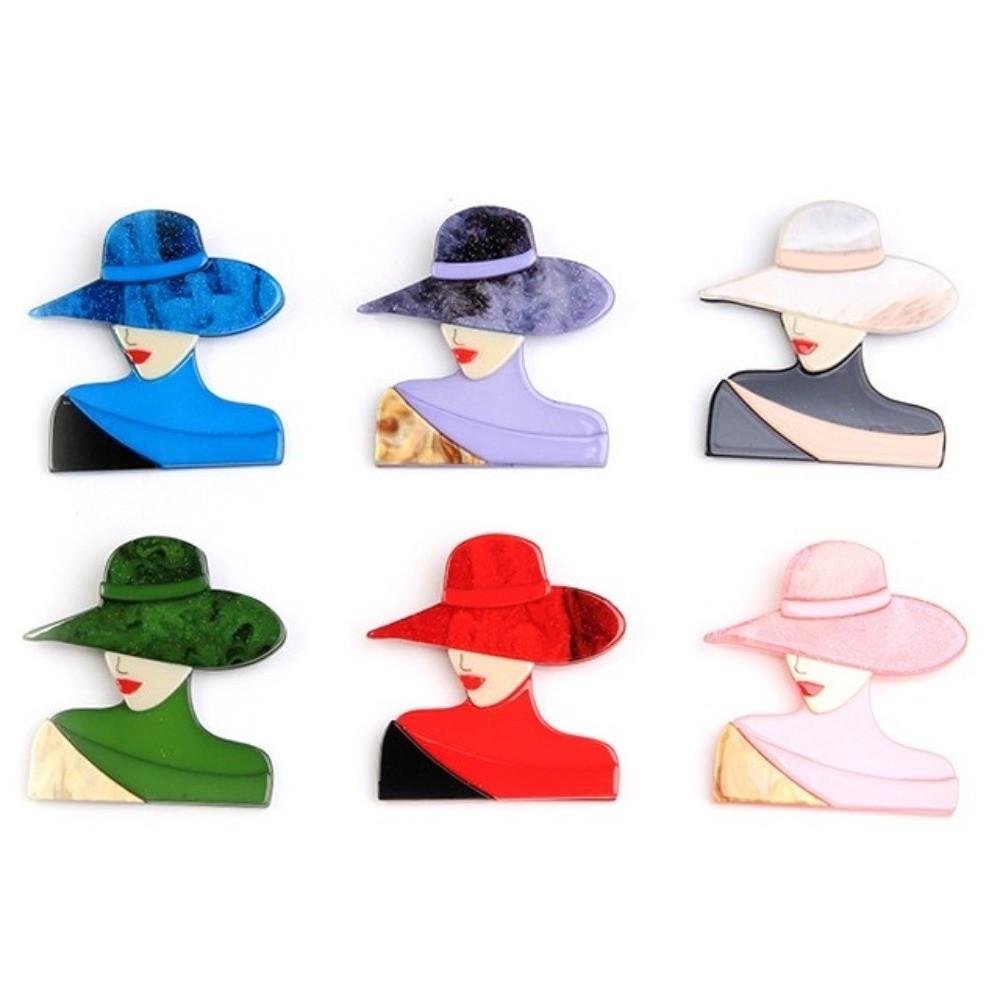 Acrylic Lady with Hat Brooch Cartoon Modern Girls Badge Women Portrait Pin  Clothing Accessories