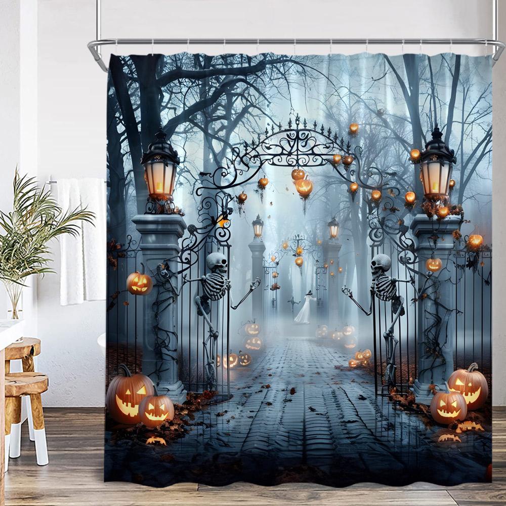 Haunted House Halloween Shower Curtain Full Moon Night Graveyard Pumpkin Lantern Gothic Castle Bathroom Decor Retro Bath Curtain
