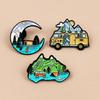 Moon Car Travel Brooch with Mountain & River Scenery - Metal Backpack Badge
