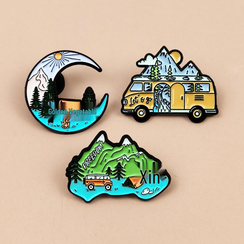 Moon Car Travel Brooch with Mountain & River Scenery - Metal Backpack Badge