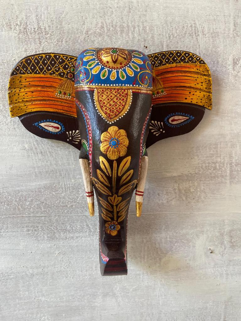 Hand Carved Wooden Elephant Mask: Indian Wall Decor