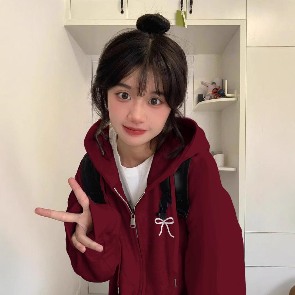 Vínový svetr na zip s kapucí pro ženy na podzim a zimu Nový volný ležérní top bunda