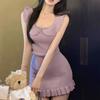 French Doll Collar Knitted Sling Dress for Women Summer Sexy Hot Girl Bodycon Dress with Flutter Sleeves Strapless Design