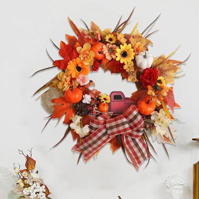 40cm Artificial Autumn Pumpkin Flower Door Wreath Lifelike Versatile Welcome Sign Ornament for