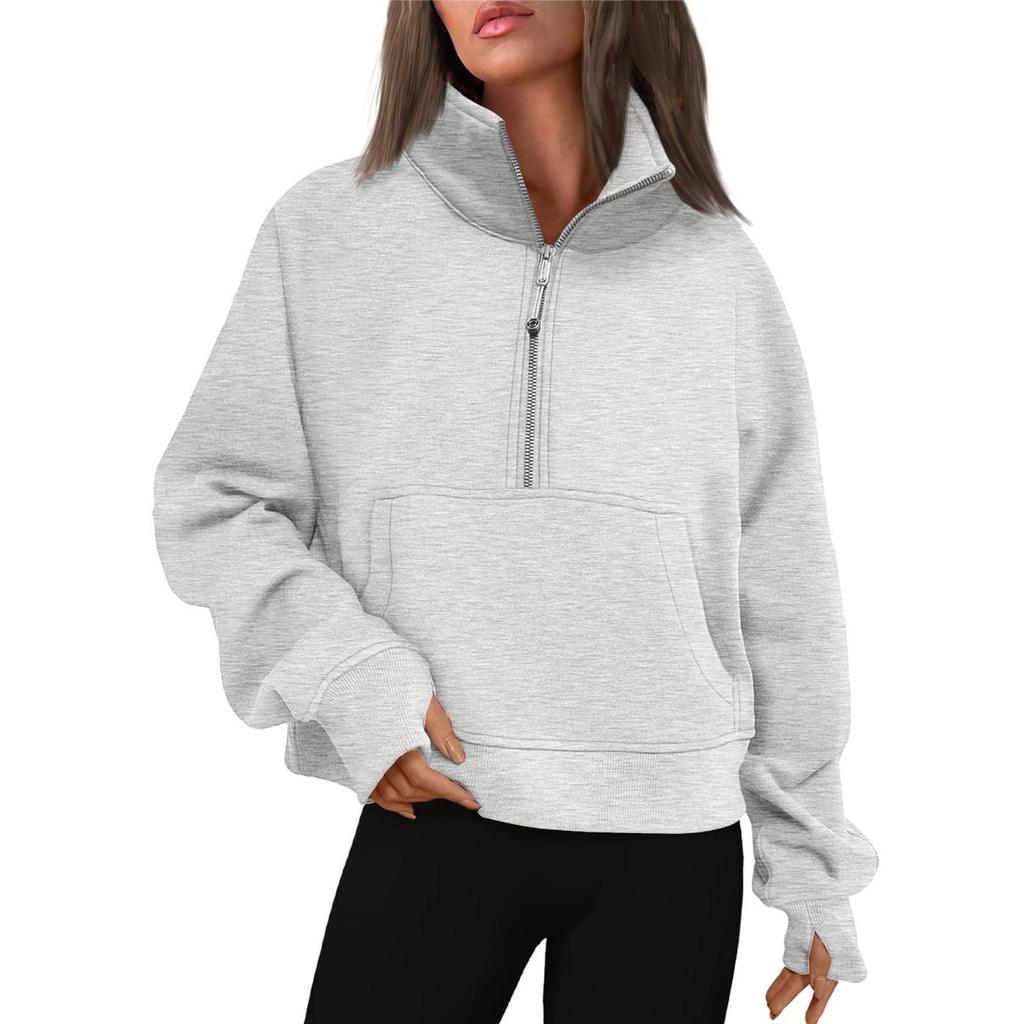 Damen Stehkragen Plus Fleece Einfarbig Langarm Tasche Lockerer Halb-Zip Pullover Hoodie Top