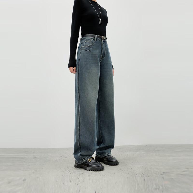 

Qiusui Yiren Women s High-Waist Fleece-Lined Straight Jeans L