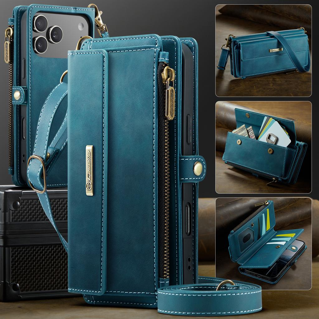 Für Samsung Galaxy A37 5G Hülle Multi-Kartenfächer Reißverschluss Leder Handyhülle mit Schultergurt
