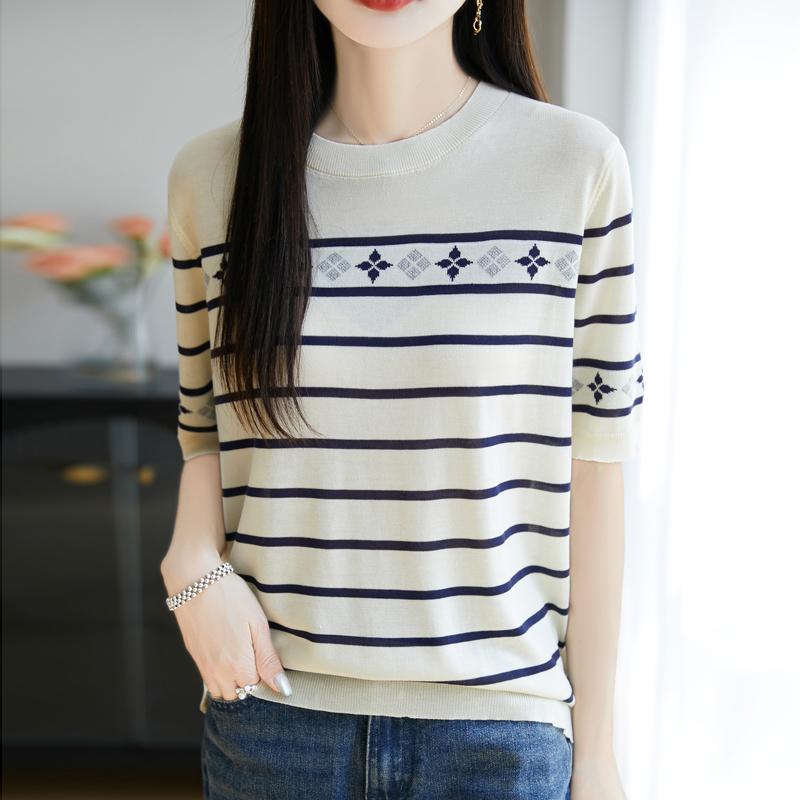 Women Knit T-shirt MODERN NEW SAGA Summer Knitted Shirt Short Sleeve Tees O-neck Patchwork Pullover Knit Tops