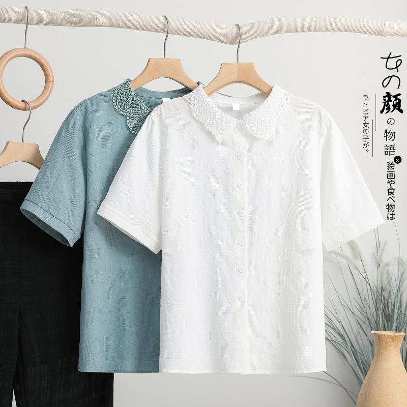 1116 New Jacquard Embroidered Cotton Shirt Women's Foreign Style Cotton Women's Shirt Lace Collar