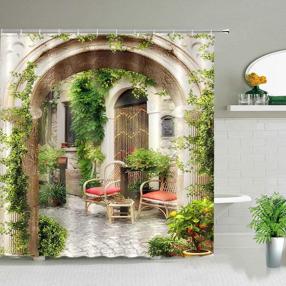

Waterproof Shower Curtain Set Flowers Arch Bridge Landscape Home Decor Bathroom Curtain Polyester Fabric Background Wall Decor W60H190(CM)-1 Pcs