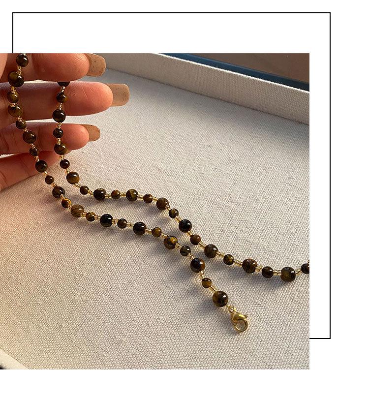 Retro Handgefertigte Perlenkette mit Tigerauge & Imitationsperle im Maillard-Stil