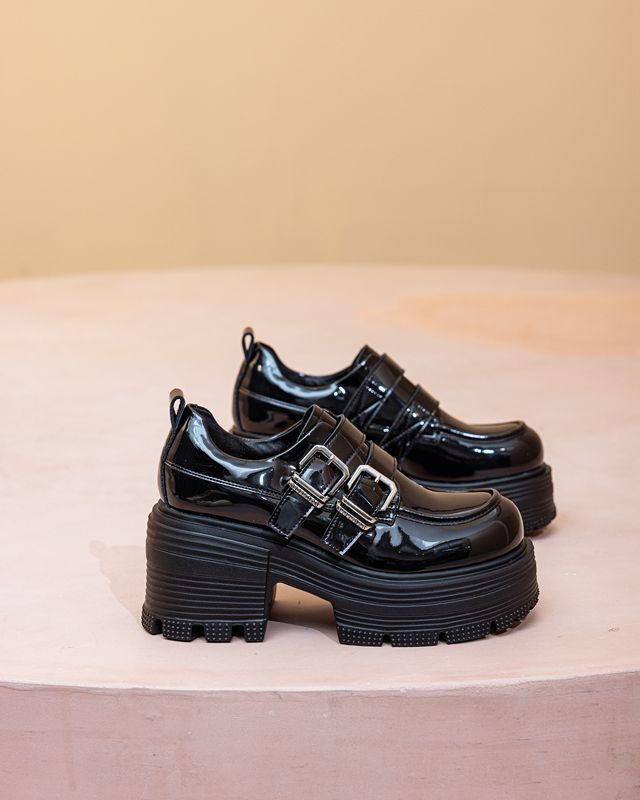 

Ботинки Fujin 9 см из лакированной кожи, осенние женские туфли на платформе и танкетке, женские брендовые повседневные весенние туфли-лодочки Mary Jane 34 чёрный