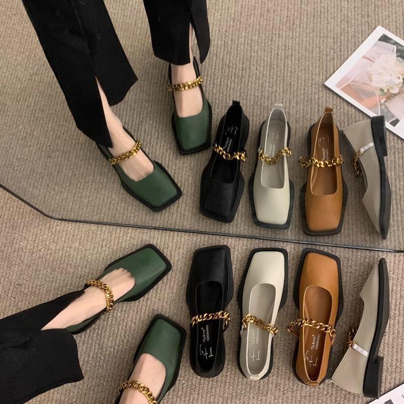 New Mary Jane small leather shoes metal chain British style soft sole square head 2026 temperament versatile retro