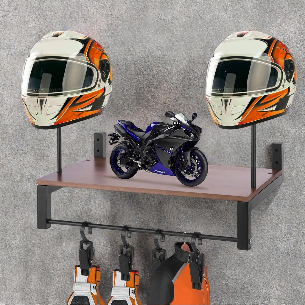 Wooden Helmet Organizer Rack with 5 Hooks Gear Storage Rack Wall Mount Metal Helmet Stand for Motorcycle Accesories Storage