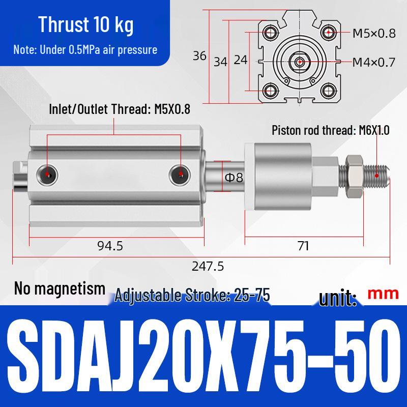 Adjustable Stroke Pneumatic Thin Cylinder - Piston Rod Sizes: 16/20/25/32/40/63