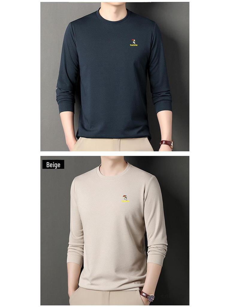 Woodpecker Men's Cotton Long-Sleeve T-Shirt for Midlife and Older - Spring/Autumn Base Layer