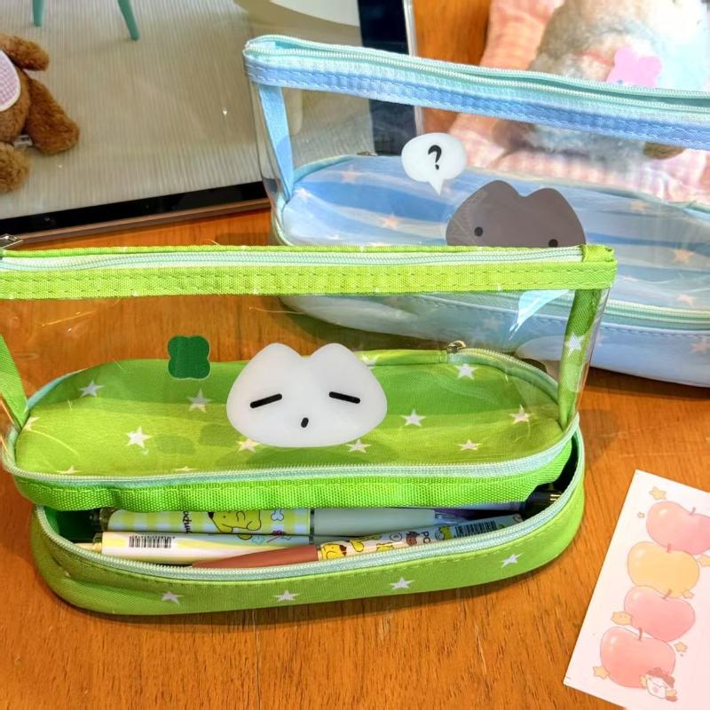 Transparent High Capacity Pencil Case Minimalist Style Student Pencil Pouch Multi Layer Cartoon Stationery Storage Bag