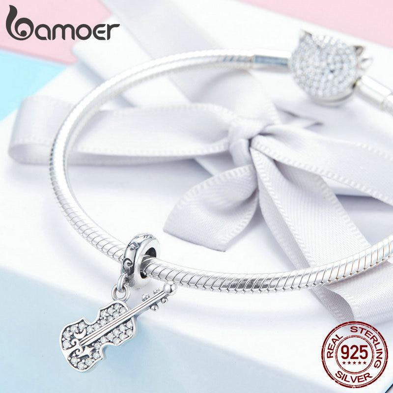 BAMOER New Collection 925 Sterling Silver Violin Shape Clear CZ Charms Beads Fit Original Bracelet