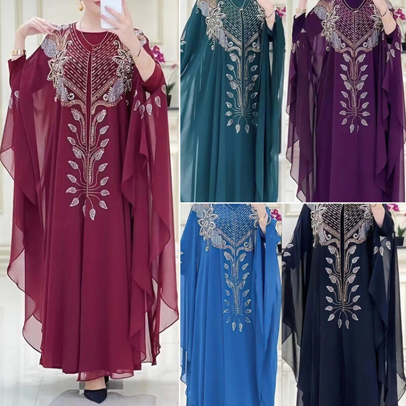 Abito Abaya in Chiffon da Donna Robusto con Strass Set 2 Pezzi Manica Lunga Sottoveste Taglia Unica Borgogna Nero Viola Verde Blu