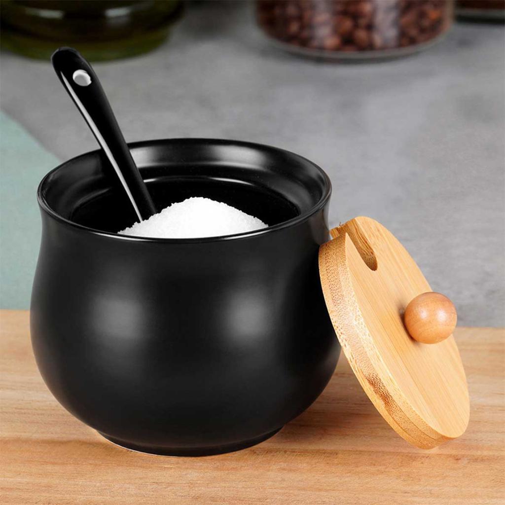 CERAMIC SUGAR BOWL WITH SPOON, BLACK 139683