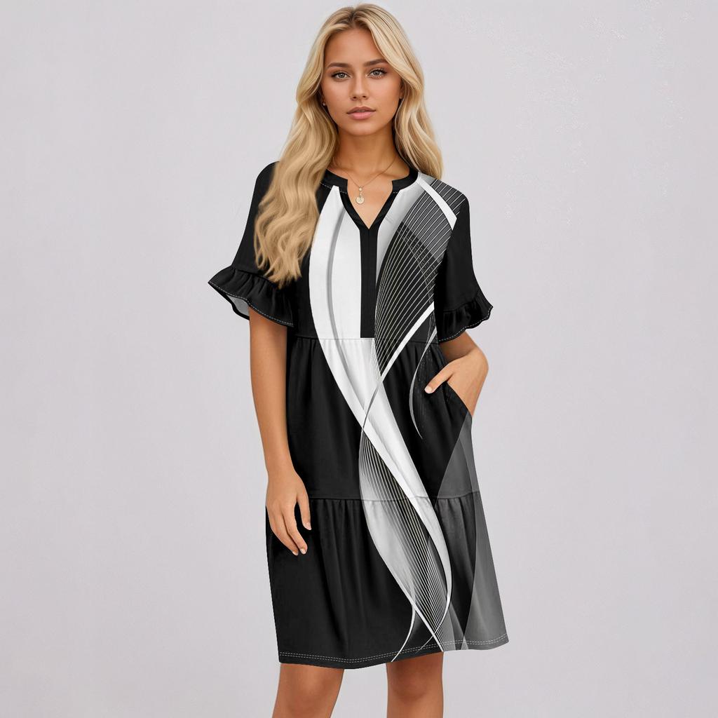 Womens Summer Dress Short Sleeve V Neck Short Dresses Fashion Casual Flowy Boho Ruffle A Line Swing Sundress With Pockets
