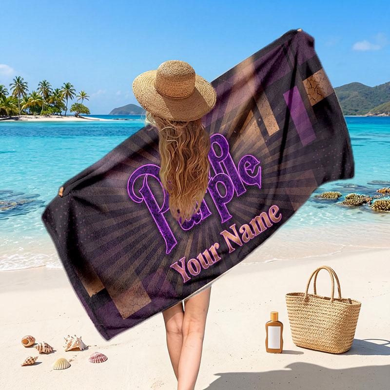 Deep Purple Customized Name Text Beach Towel, Soft Absorbent Towel Beach Pool Travel Personal Gift