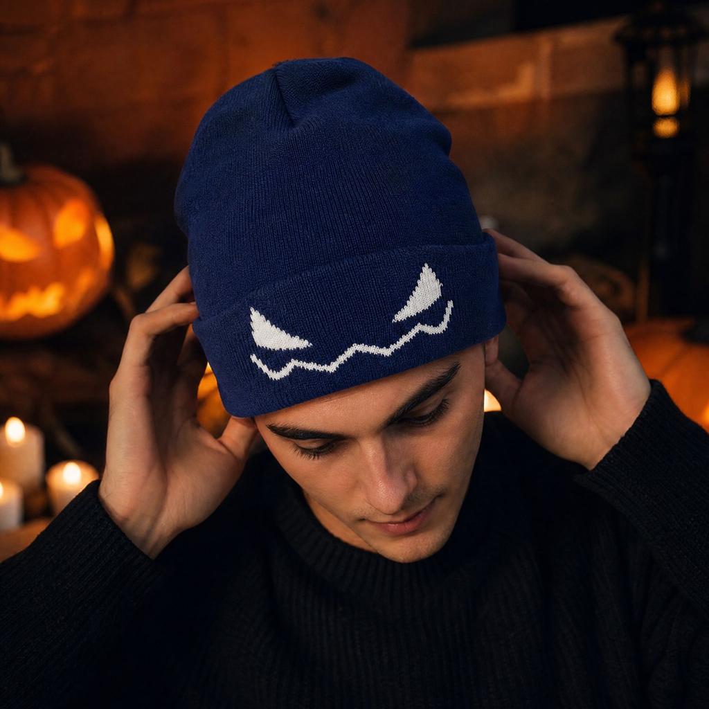 Halloween Knit Hat with Pumpkin and Devil Embroidery, Cute Trendy Winter for Women and Men