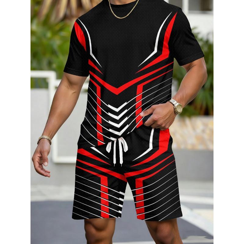 Casual Sports Suit, Breathable Outdoor Leisure Men'S Round Neck T-Shirt And Shorts Set, Summer Digital Print Outfit for Adult Men, Plus Size
