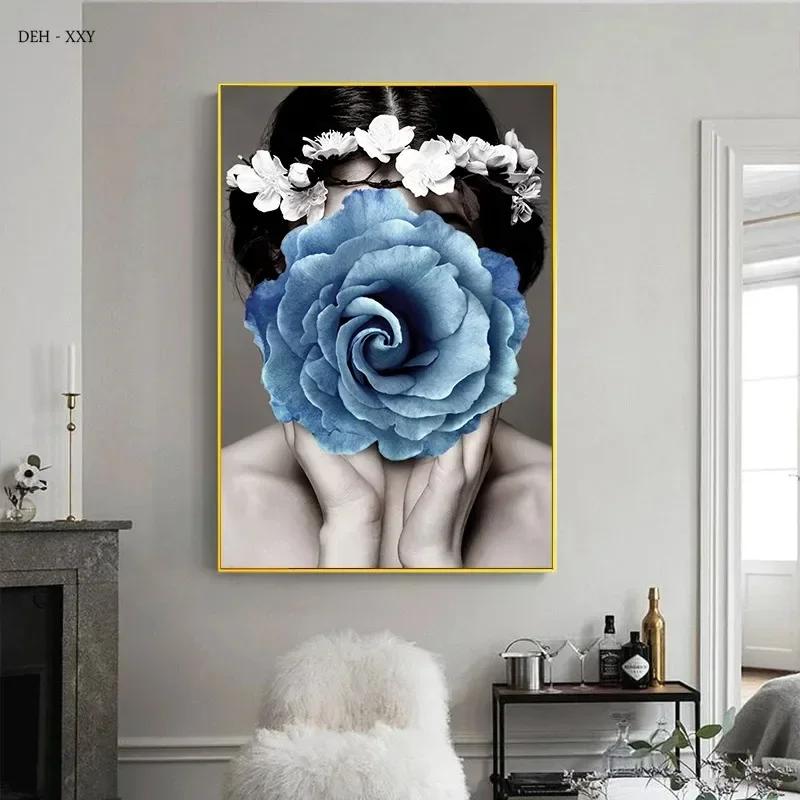 Canvas Painting Nordic Wall Art Posters Woman Head With Flowers Fashion Lady Portrait Picture Home Bedroom Decoration (No Frame)
