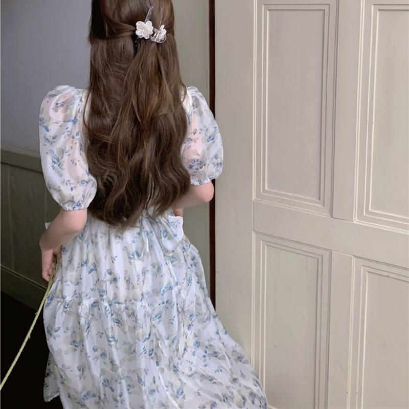 Patchwork Print Chiffon Dress Super Fairy French V-neck Short Sleeve Floral Dress Mid-length Waist Skirt Peplum Bubble Sleeve Dresses