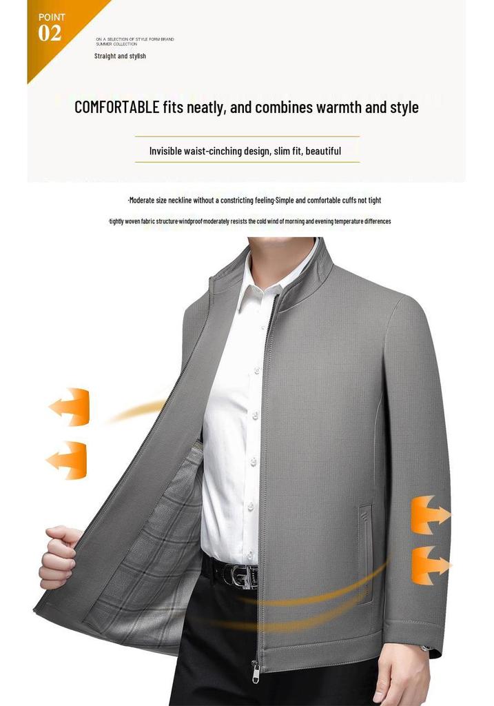 2026 Spring Men's Solid Color Stand Collar Zipper Jacket - Long Sleeve Business Casual Coat for Dad Trend.