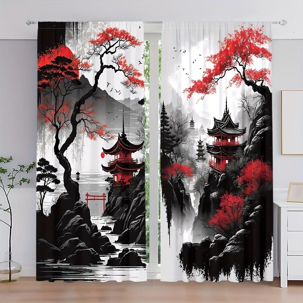 2-Piece Rod-Pocket Curtains, Traditional Red Maple and Pagoda Print Semi-Blackout Curtains 60×150cm(23.6×59in)